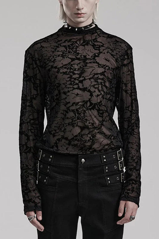 Sheer Mesh Gothic Tee with Print for Men, Long-Sleeve Lightweight Top
