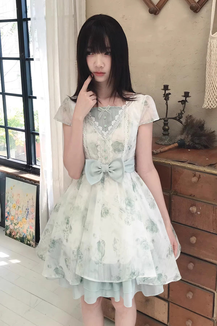 Emerald Short Sleeve Floral Print Bow Lace Sweet Princess Lolita Dress