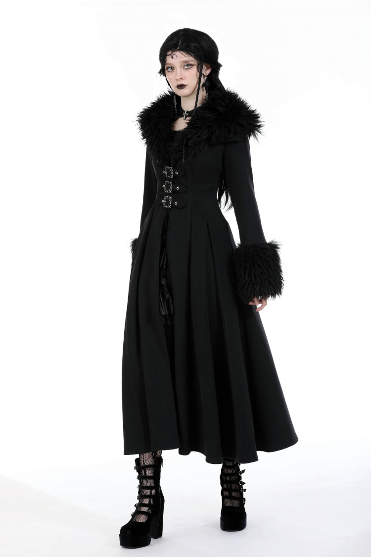 Gothic Draped Coat with Buckle Lace-Up, Faux Fur Collar, and Extended Sleeves