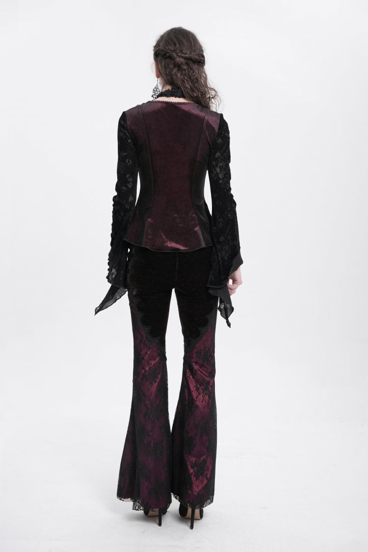 Crimson Gothic Blouse with Jacquard Cutout and Trumpet Sleeves