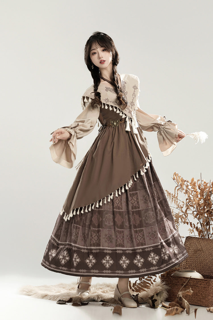 Chinese Style Lolita Dress with Lantern Sleeves and Asymmetric Ruffle