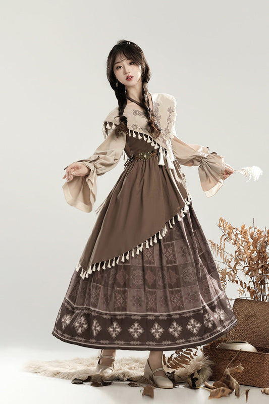 Chinese Style Lolita Dress with Lantern Sleeves and Asymmetric Ruffle