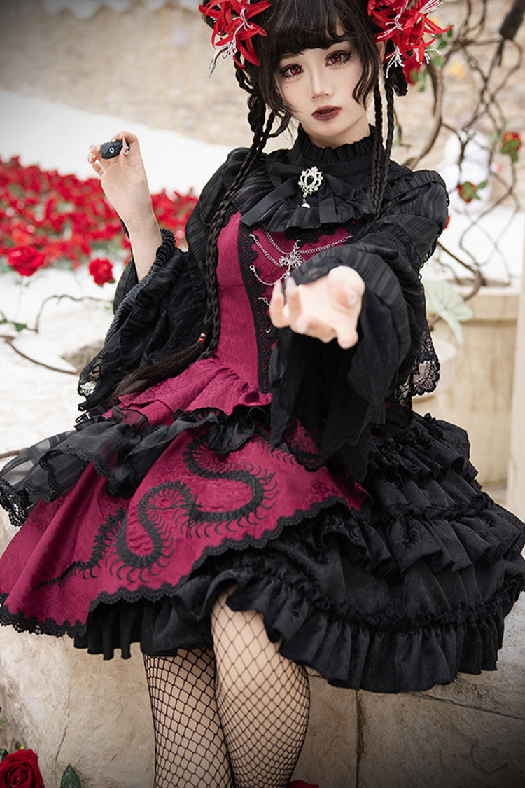 Crimson & Noir Multi-Layer Ruffled Bow Lace Asymmetric Gothic Lolita JSK Dress