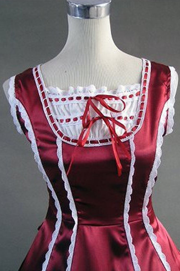 Crimson Square-Collar Sleeveless Pleated Victorian Gothic Dress