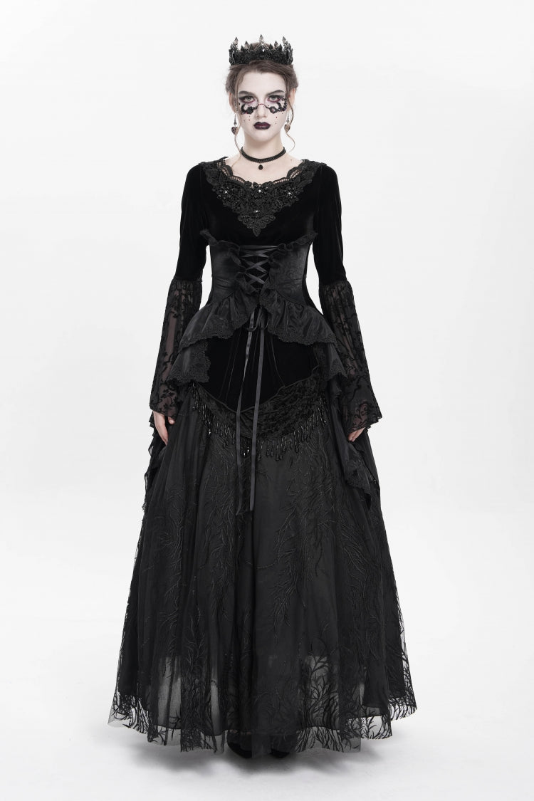 Beaded Pleated Gothic Blouse with Lace-Up Front and Extended Sleeves