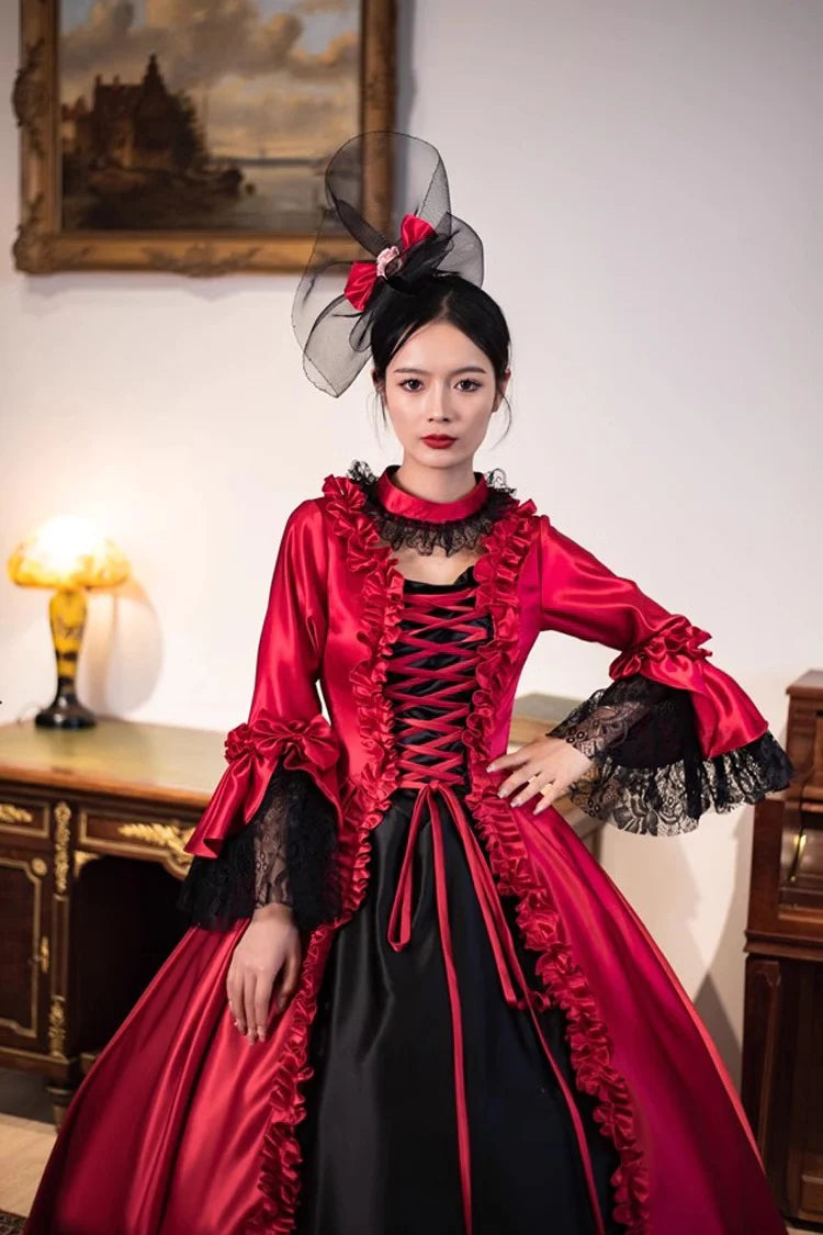 Burgundy Print Medieval Court Rococo Gothic Victorian Lolita Maxi Dress