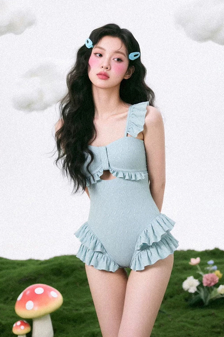 Azure Square Neck Strapless Ruffled Sweet Lolita One-Piece Swimsuit