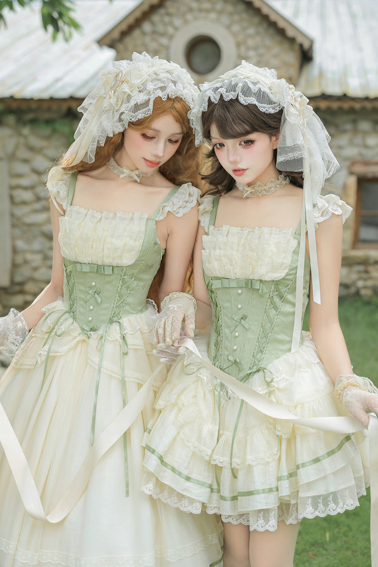 Emerald Square Neck Ruffled Lace Bow Accent Sweet Lolita JSK in Two Styles