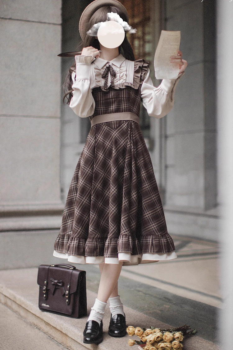 Vintage College Style Lolita Dress with Ruffle Sleeves and Print