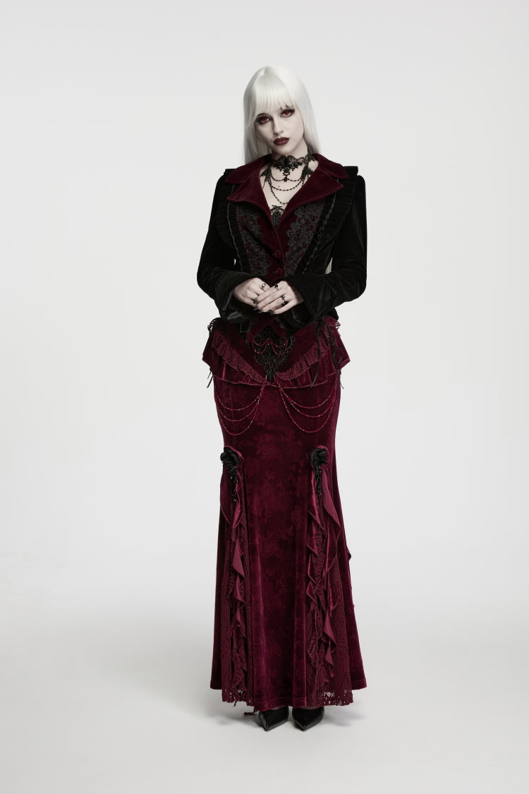 Crimson Noir Asymmetric Lace-Up Trumpet-Sleeve Royal Velvet Gothic Coat