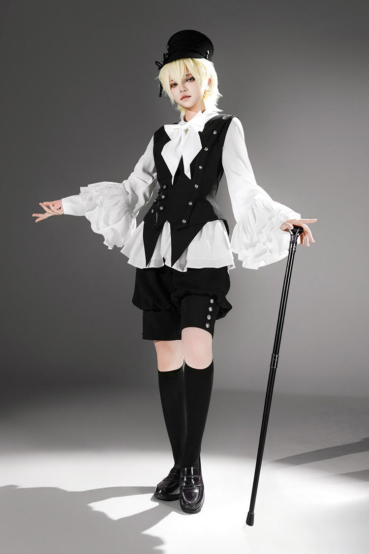 Lapel Collar Ruffled Bow Classic Prince Ouji Set - Ash