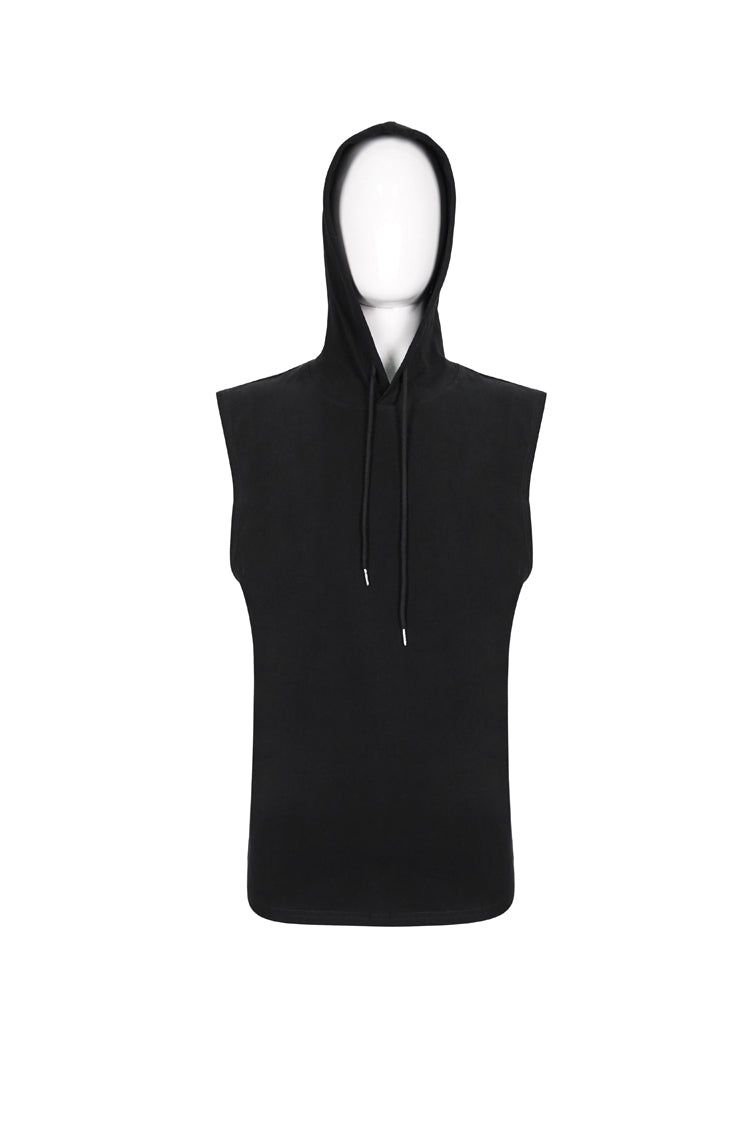 Men's Punk Sleeveless Hooded Tank Top in Irregular Black Knit Design