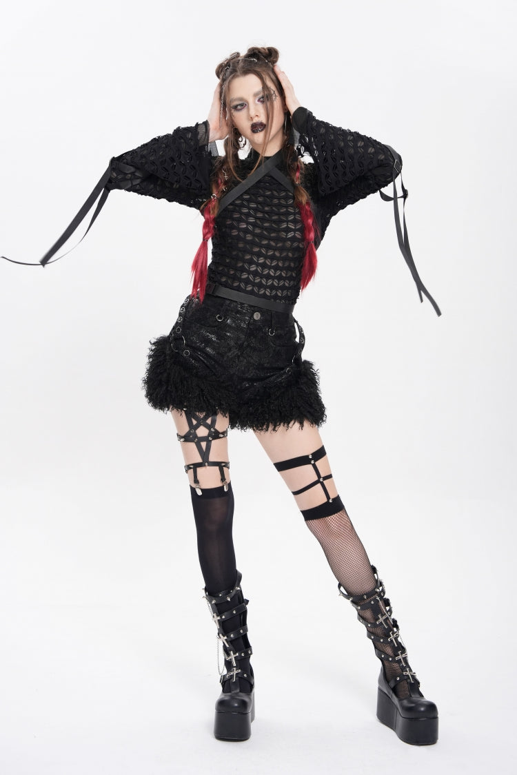 Plush Stitched Punk Shorts with Buckle Straps - Gothic Edge