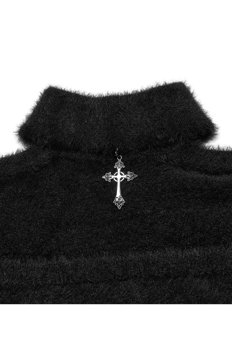 Punk Long Sleeve Top with Metal Cross & Hollow-Carved Knit Design in Black