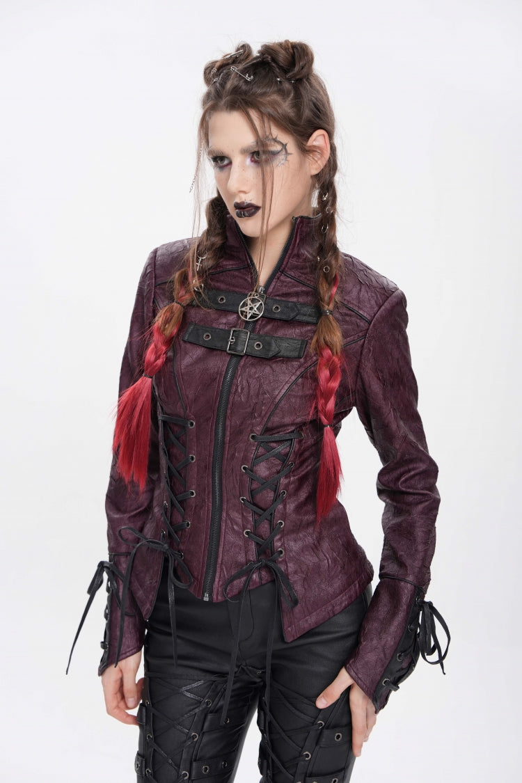 Burgundy Pentagram Buckle Punk Jacket