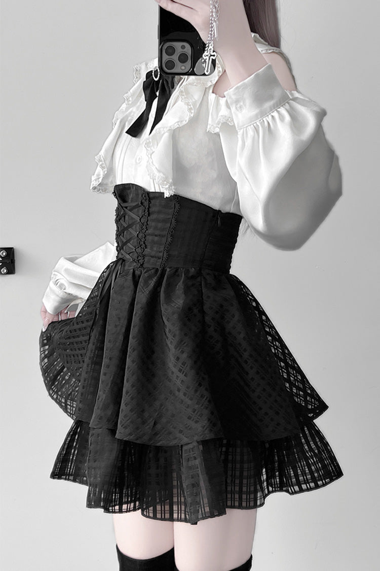 Noir Lace Bowknot Lace-Up Jirai Kei Skirt - Blackberry Rite