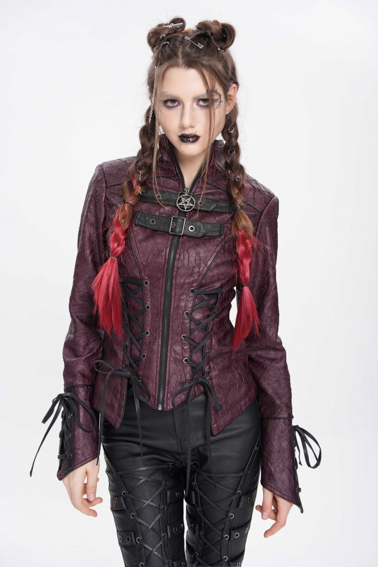 Burgundy Pentagram Buckle Punk Jacket
