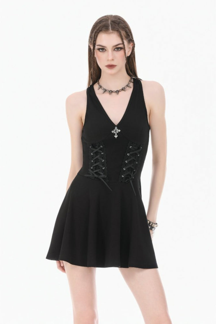 Women's Gothic Short Dress with Plunging Neck, Side Corset and Cross Lace-Up