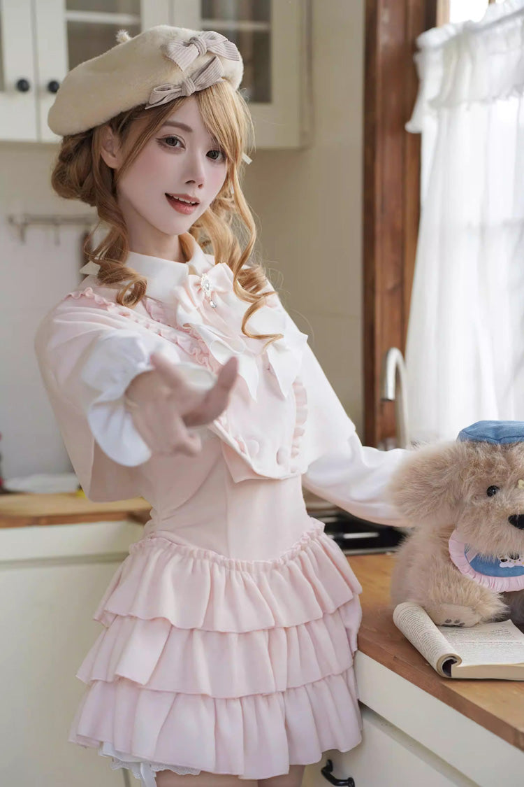 Cherry Blossom Snow Lapel Long-Sleeve Triple Ruffle Bow Faux Two-Piece Lolita Dress