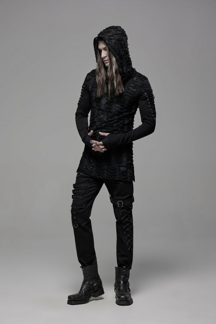 Gothic Cool Tee for Men with Lace-Up, Hood, Rips, and Pleats, Extended Sleeves