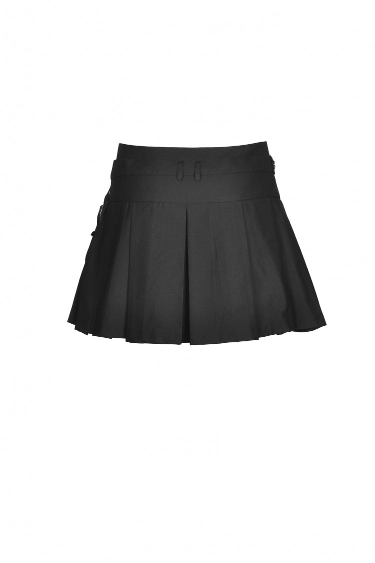 Jet-Black Chain-Trimmed Pleated Mini Skirt with Waistbelt