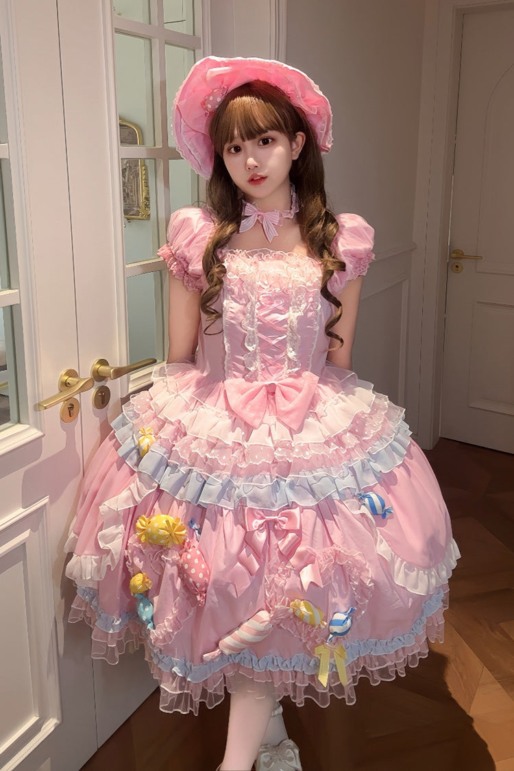 Candy Party Short-Sleeve Multi-Layer Ruffle Bow Lace-Up Lolita Dress