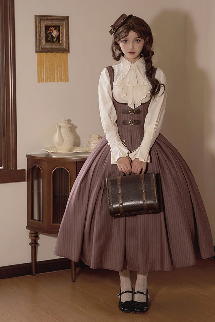 Chocolate Striped Print Breast Support Long Lolita Dress - Manchester City's Past