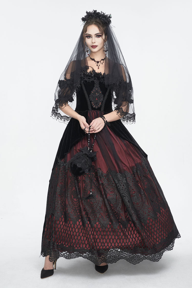 Crimson Gothic Dress with High Waist and Floral Lace Print