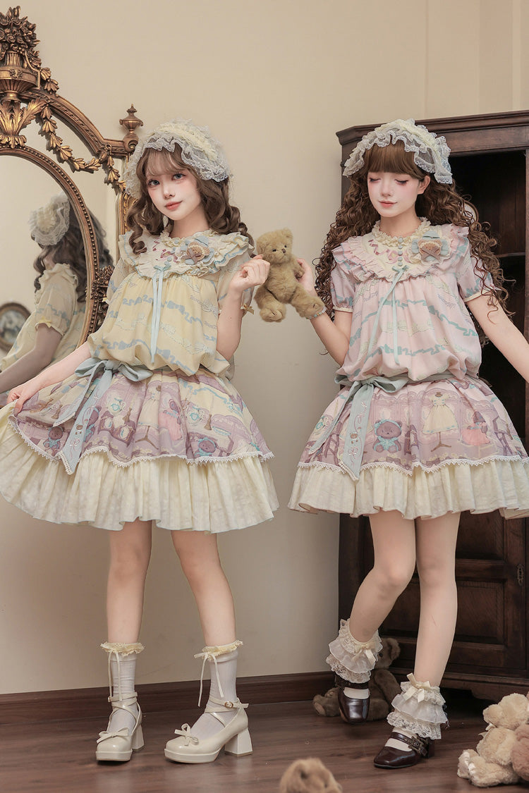 Rose Bear Print Bow Sweet Lolita Dress Set with Ruffled Short Sleeves