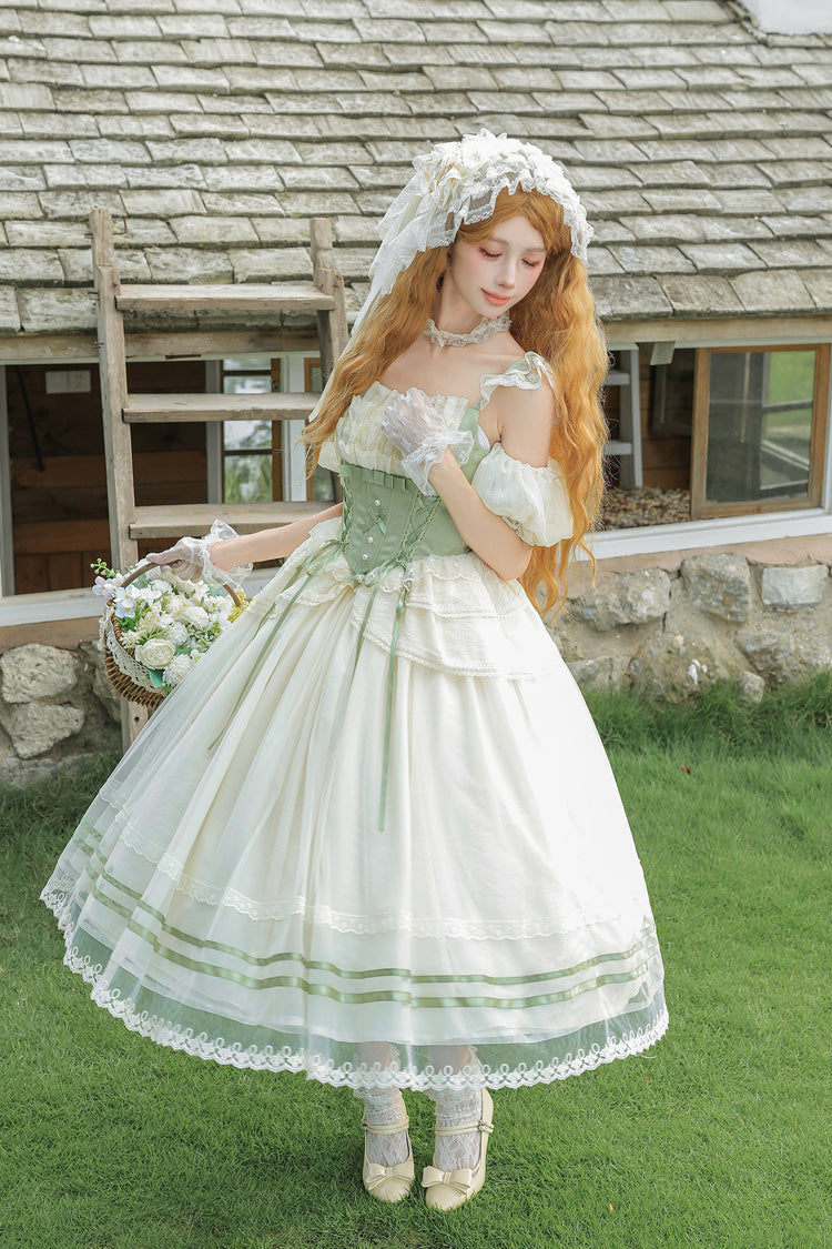 Emerald Square Neck Ruffled Lace Bow Accent Sweet Lolita JSK in Two Styles