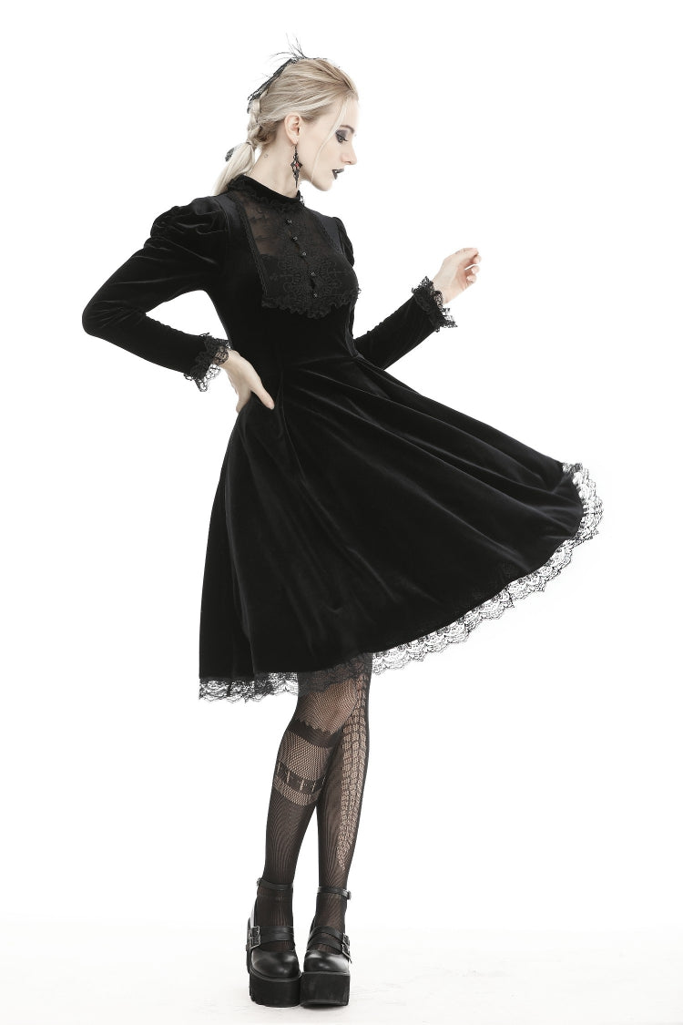 Gothic Velvet Gown with Puff Sleeves and Lace Detailing in Black