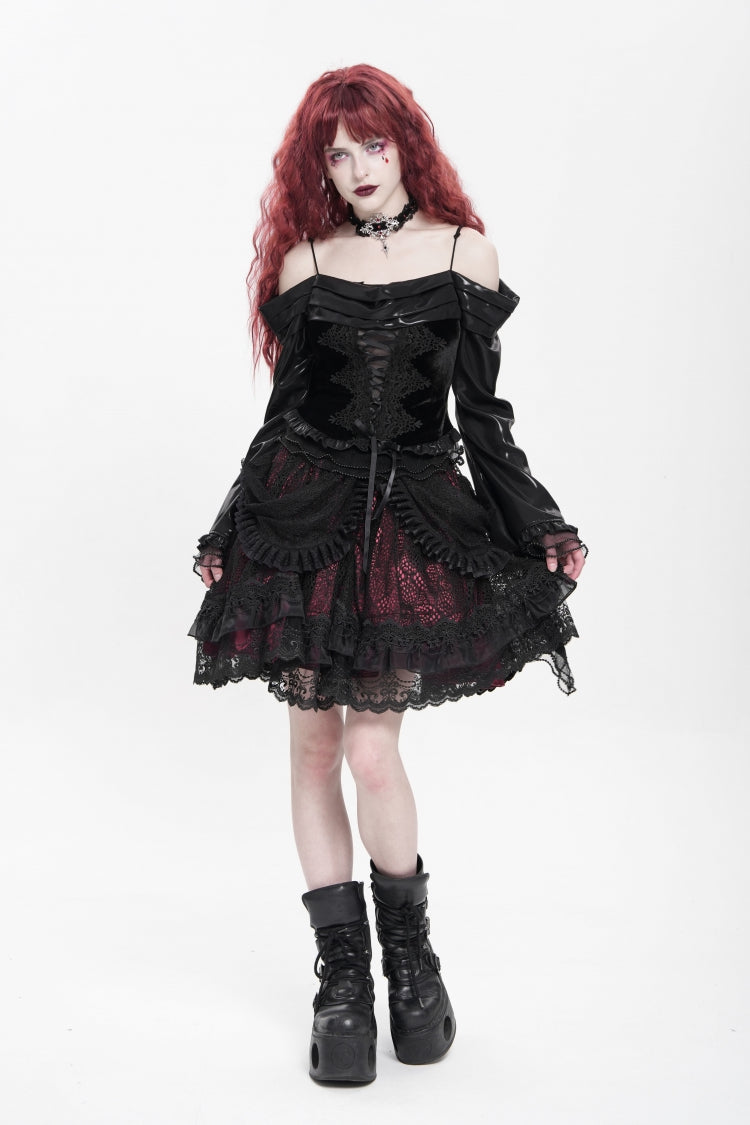 Crimson & Noir Multi-Layer Ruffled Buckle Strap Gothic Skirt