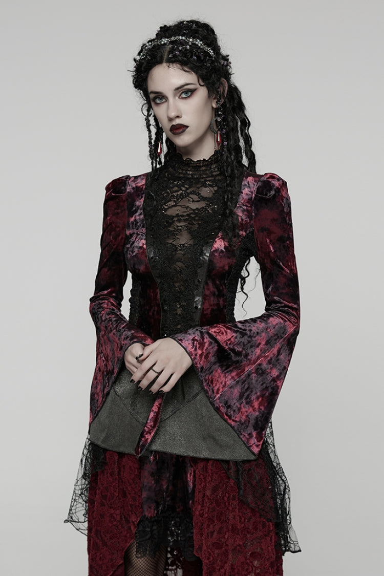 Crimson & Noir Long Flared Sleeve Paneled Lace-Up Gothic Blouse