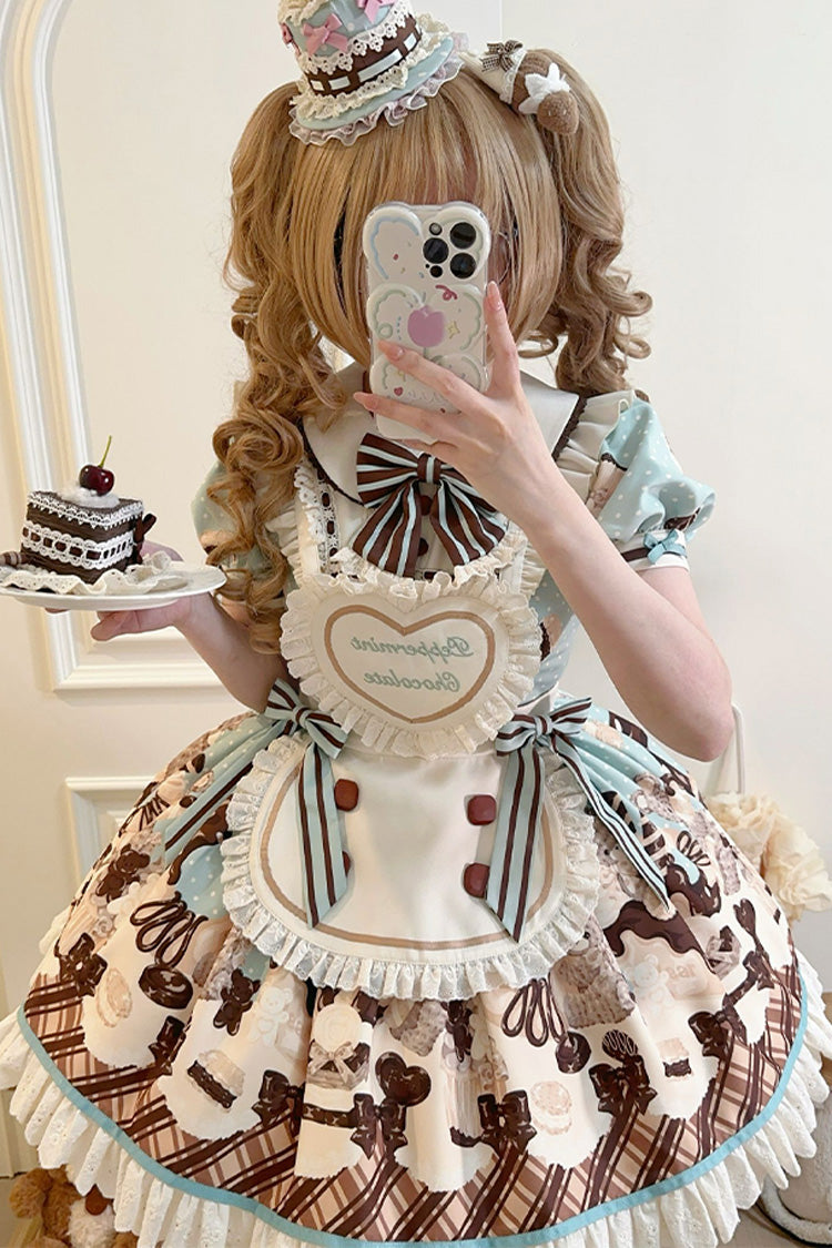 Sweet Lolita Dress with Chocolate Cake Bear Print and Lace-Up