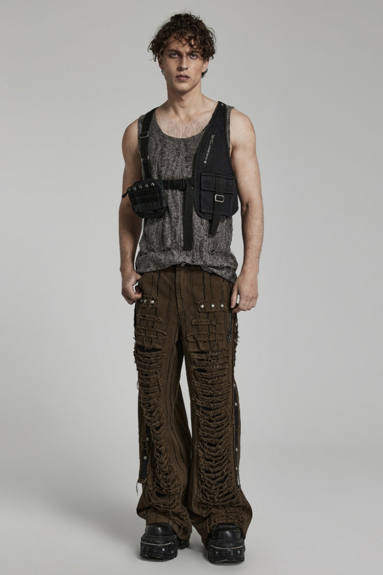 Steampunk Men's Ripped Straight Pants with Metal Rivets and Mesh - Two Tones