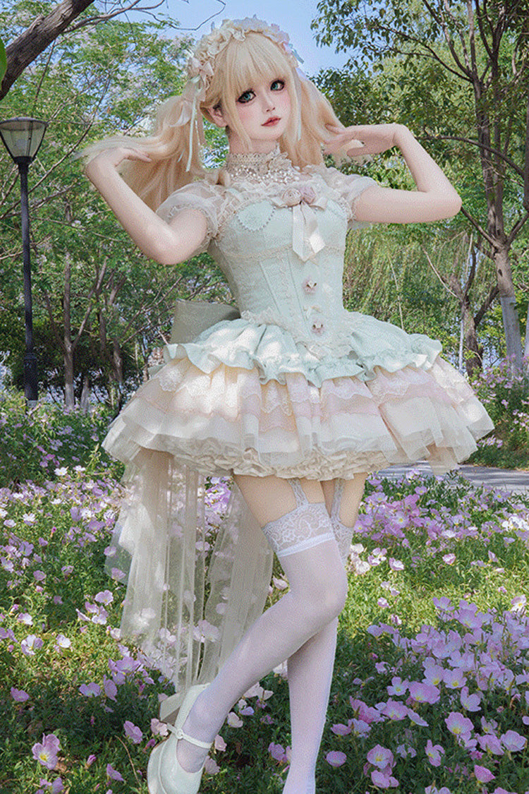 Emerald Sleeveless Multi-Layered Ruffle Bow Lace Lace-Up Sweet Princess Lolita JSK