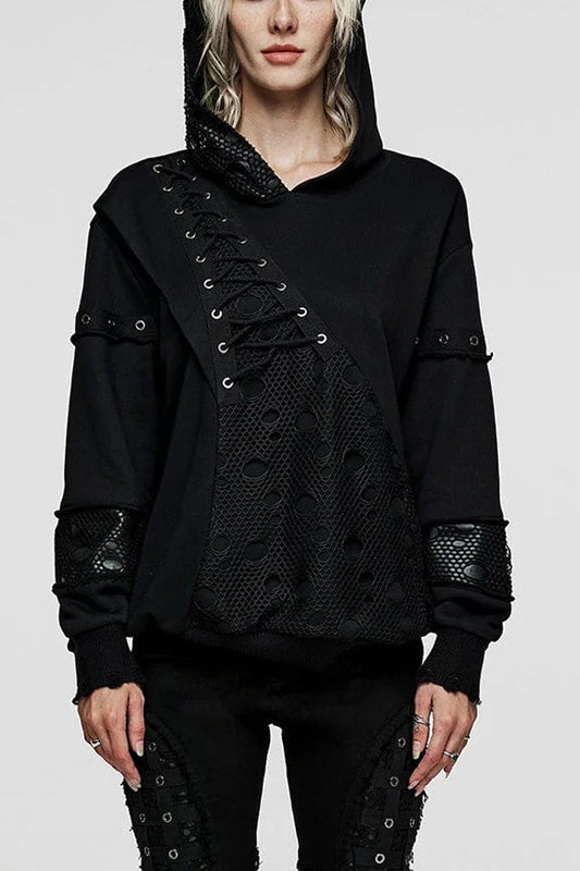 Steampunk Jacket with Metal Eyelets and Lace-Up Hood, Long-Sleeve Women's