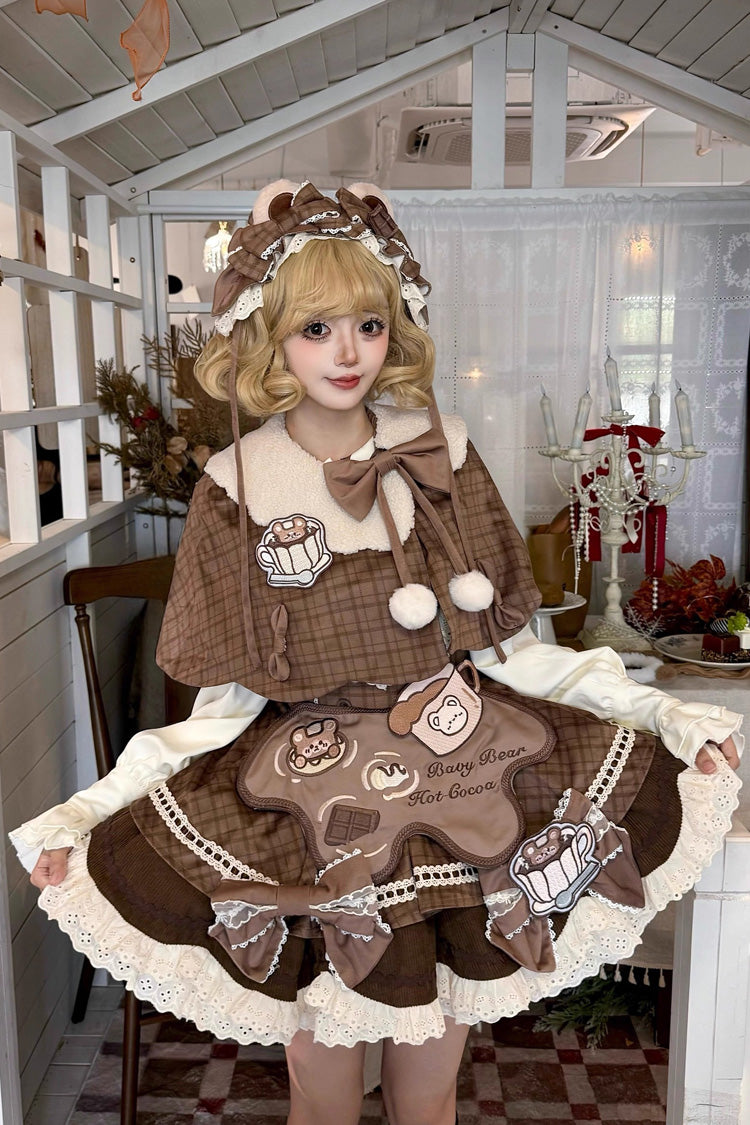 Chocolate Sleeveless Print Bow Lace JSK - Hot Cocoa Little Bear