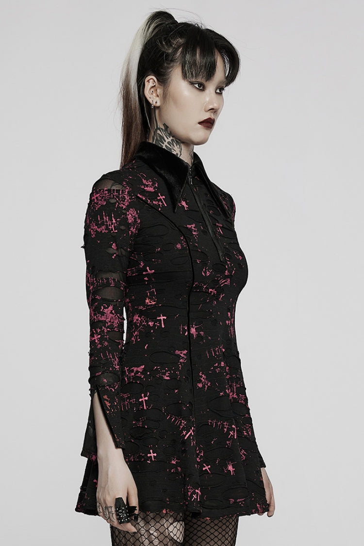 Crimson & Noir Long Sleeve Printed Fitted Distressed Tie-Dye Gothic Dress