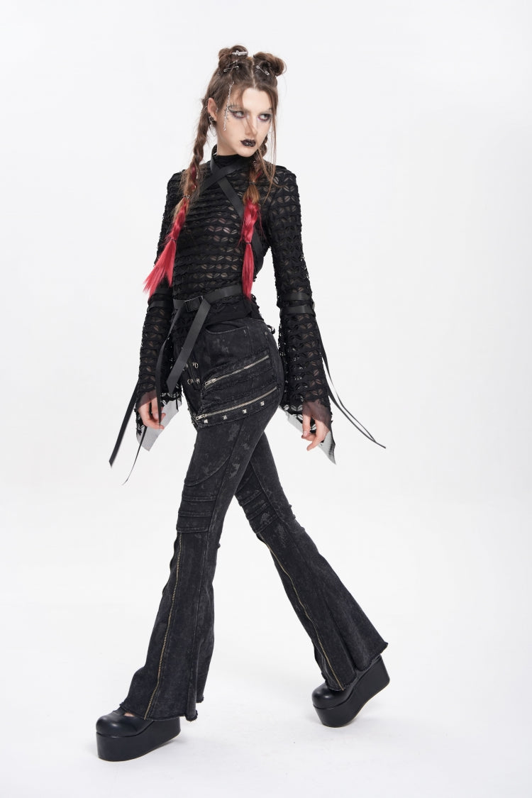 Edgy Flared Trousers with Zips and Pleats for Women - Noir