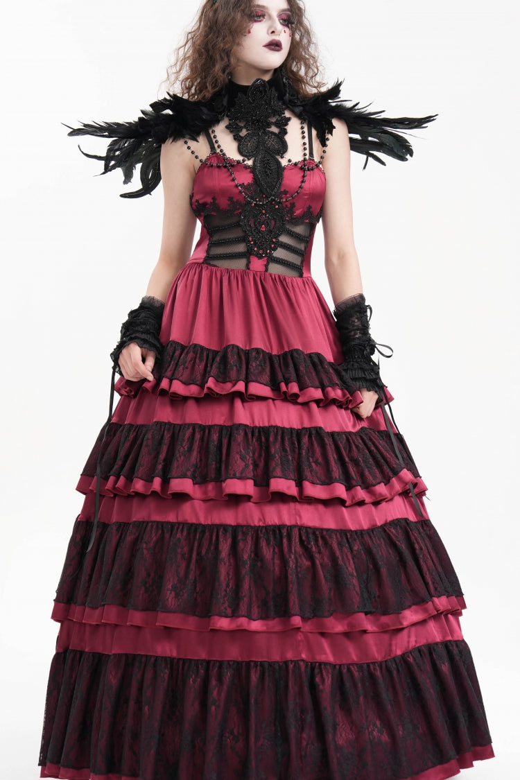 Crimson Gothic Dress with Multi-Tiered Ruffles and Lace-Up Mesh