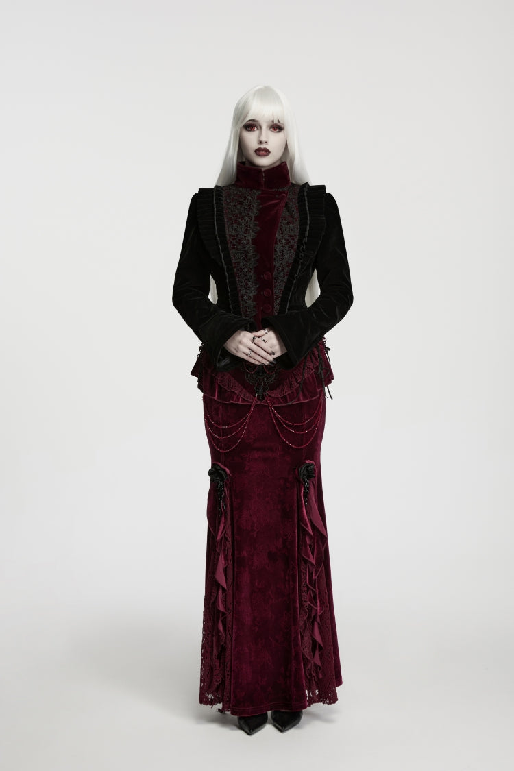 Crimson Noir Asymmetric Lace-Up Trumpet-Sleeve Royal Velvet Gothic Coat