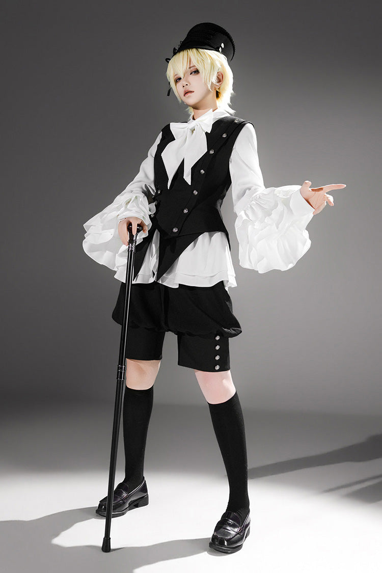 Lapel Collar Ruffled Bow Classic Prince Ouji Set - Ash