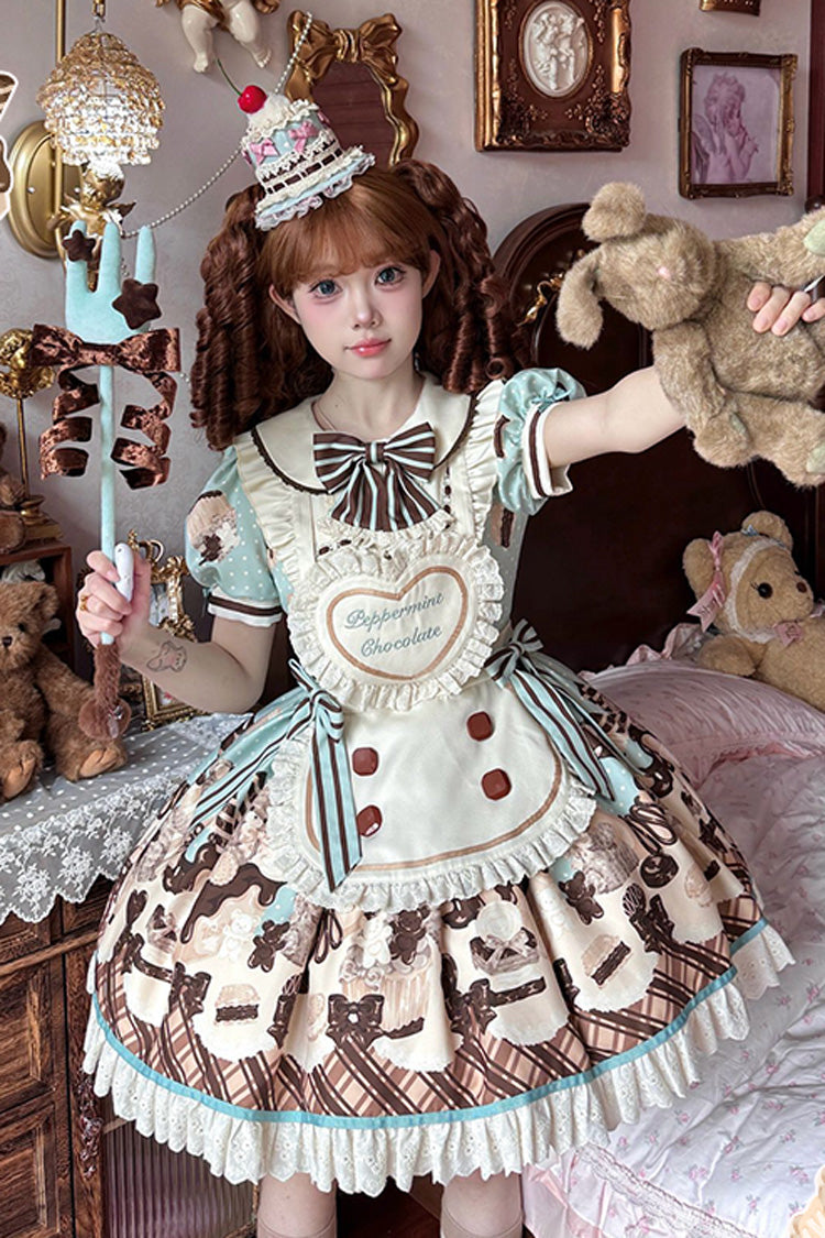 Sweet Lolita Dress with Chocolate Cake Bear Print and Lace-Up