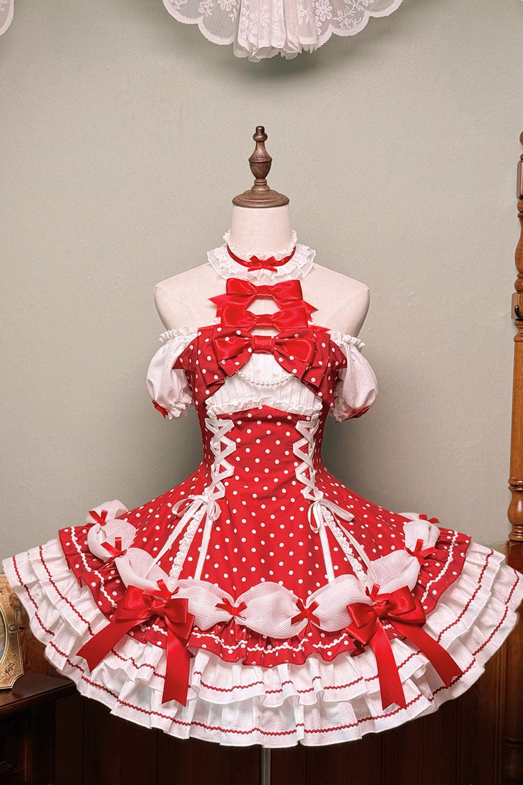 Wine Halterneck Polka-Dot Bow Lace-Up Sweet Lolita Frock