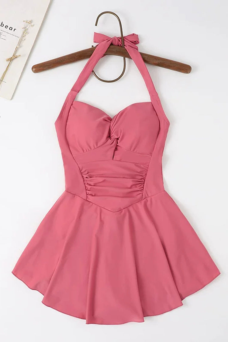 Watermelon Red Square Neck Halter Sleeveless Ruffled Lace-Up Sweet Lolita One-Piece Swimsuit