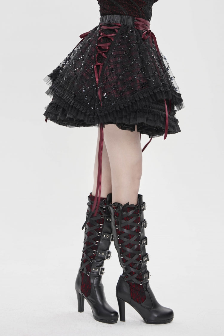Crimson & Noir Multi-Layer Lace-Up Gothic Skirt