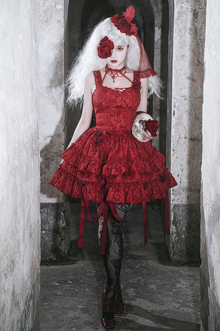 Crying Rose Double-Layer Ruffled Embroidered Bow Lace Gothic Ballet Lolita Skirt Set in 4 Shades