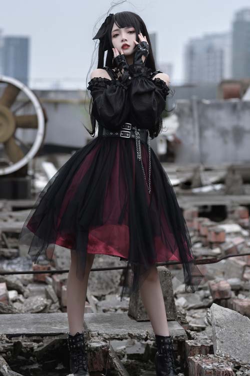 Gothic OP Dress with Irregular Hem and Star Motif