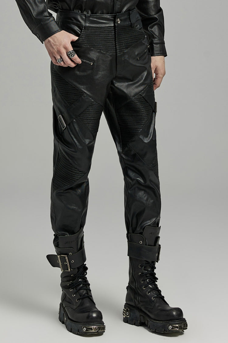 Men's Punk Faux Leather Trousers with Zippers - Noir